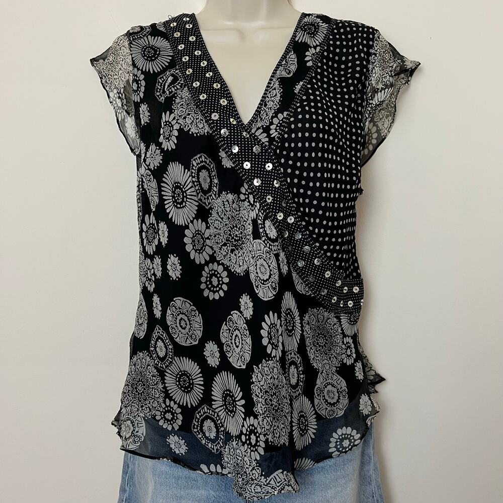 100% Silk Black White Silver Sequin Mixed Floral Polka Dot Surplice Blouse XL